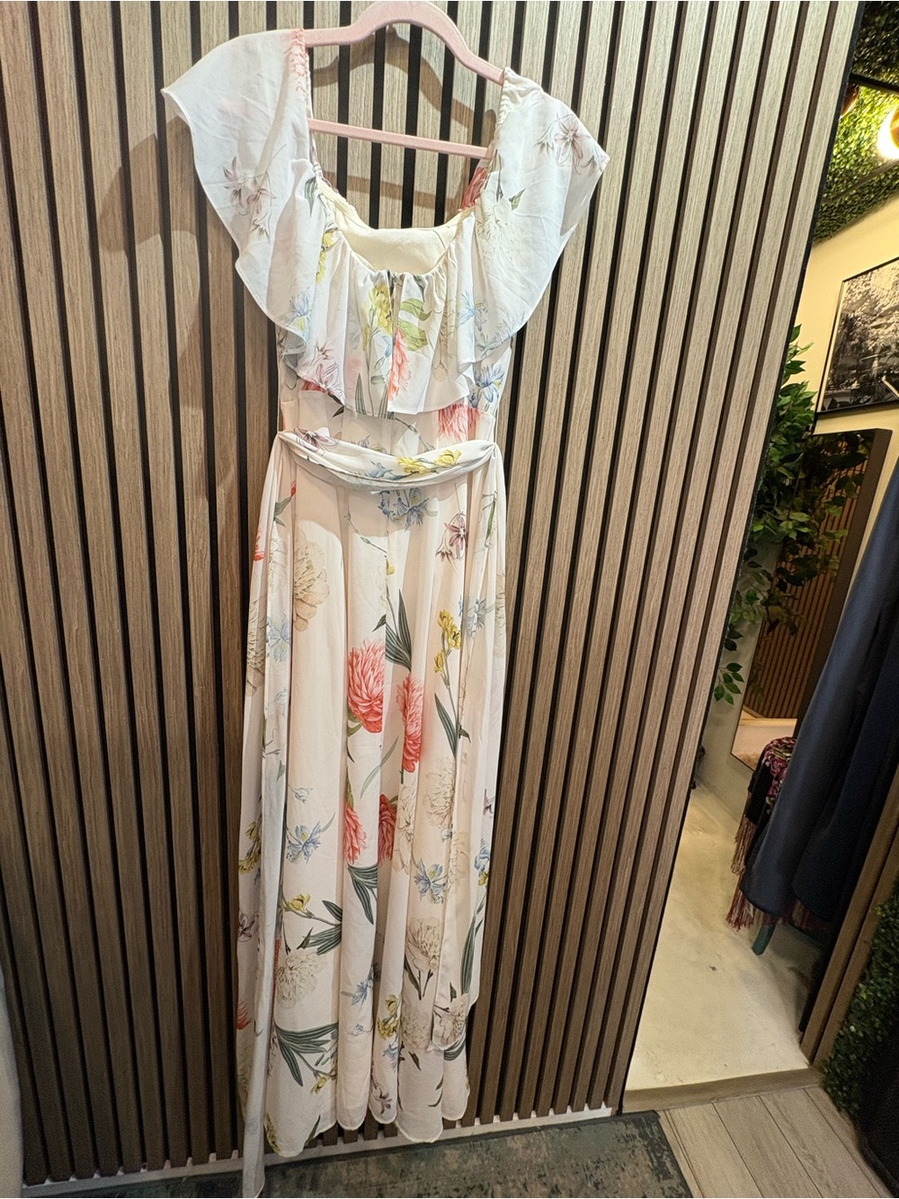 Yumi Kim Cream Floral Ruffle Maxi Dress with Coral & Yellow Blooms